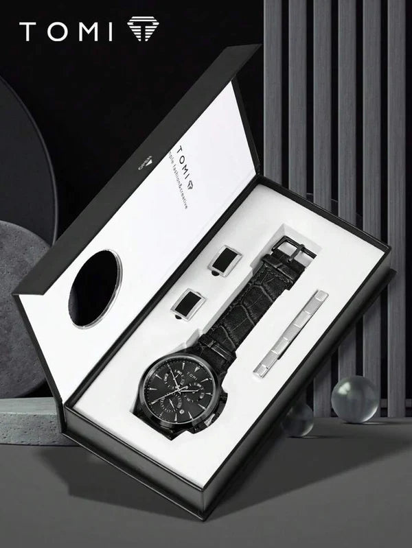 TOMI T-602 Chronograph Luxury Business Men’s Watch – With Tie Pin & 2 Studs Gift Set
