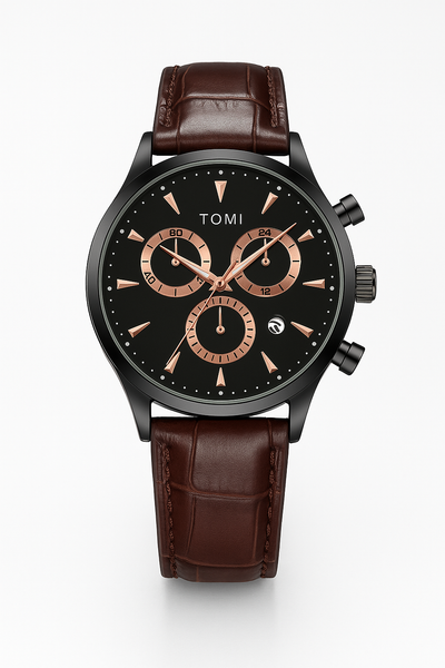 TOMI T-602 Chronograph Luxury Business Men’s Watch – With Tie Pin & 2 Studs Gift Set