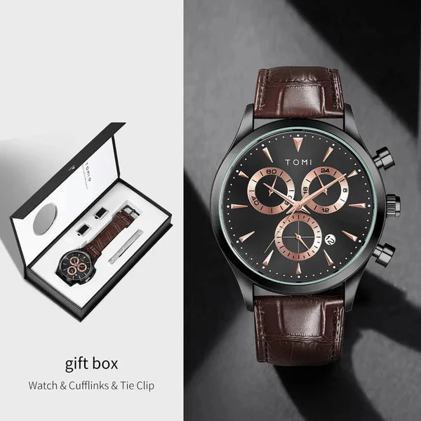 TOMI T-602 Chronograph Luxury Business Men’s Watch – With Tie Pin & 2 Studs Gift Set