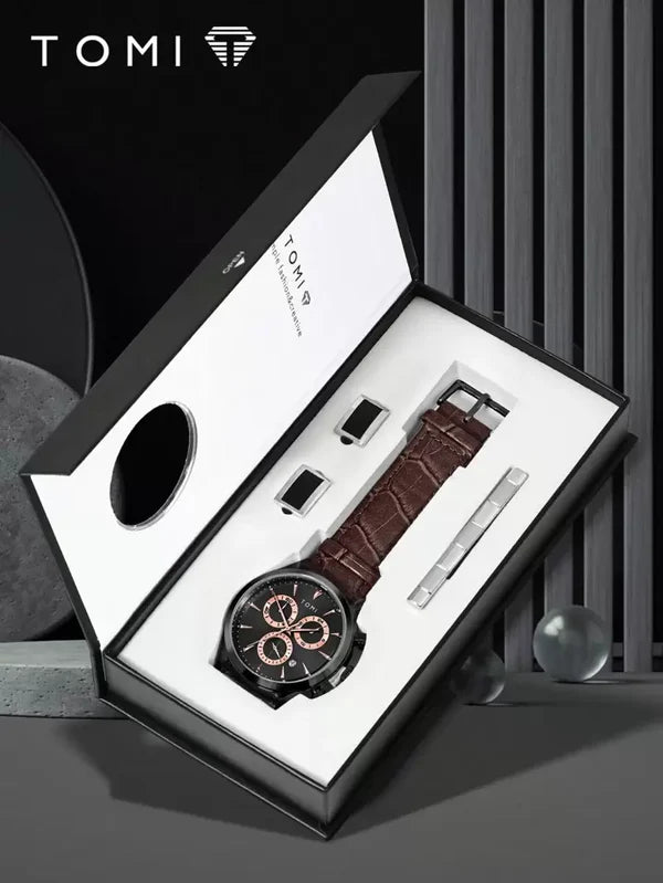 TOMI T-602 Chronograph Luxury Business Men’s Watch – With Tie Pin & 2 Studs Gift Set