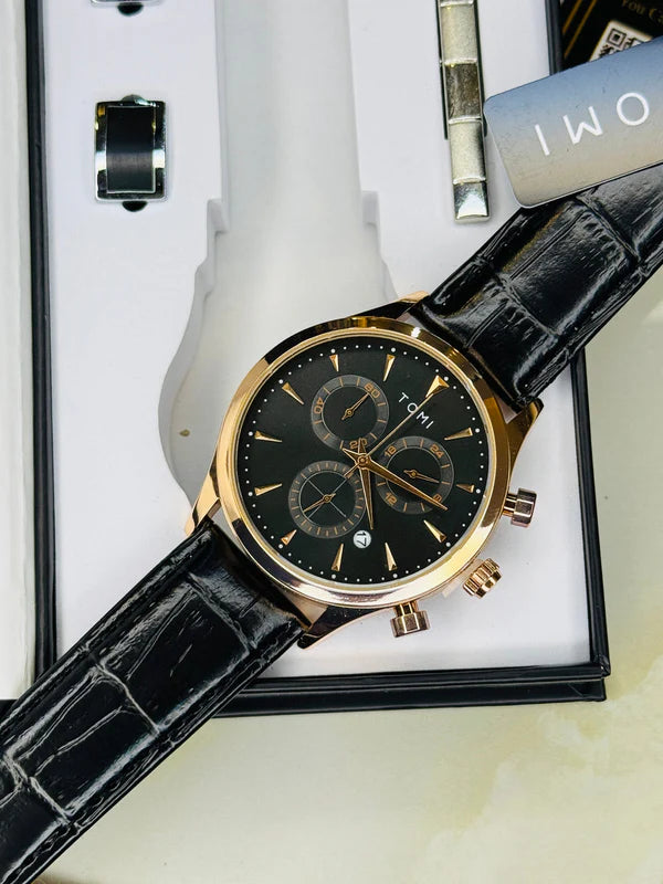 TOMI T-602 Chronograph Luxury Business Men’s Watch – With Tie Pin & 2 Studs Gift Set