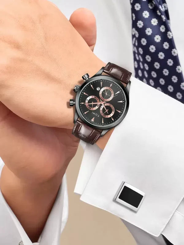 TOMI T-602 Chronograph Luxury Business Men’s Watch – With Tie Pin & 2 Studs Gift Set