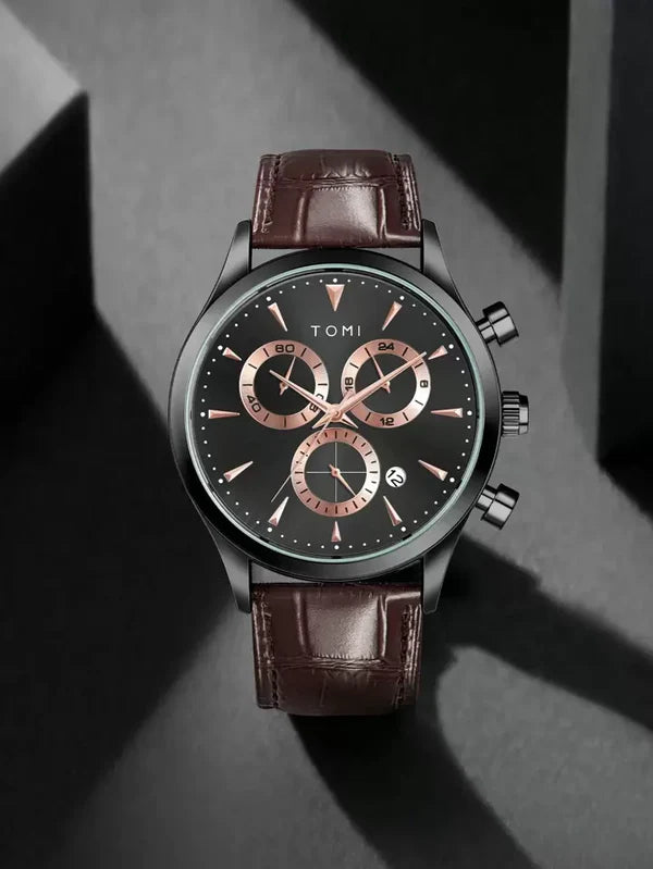 TOMI T-602 Chronograph Luxury Business Men’s Watch – With Tie Pin & 2 Studs Gift Set